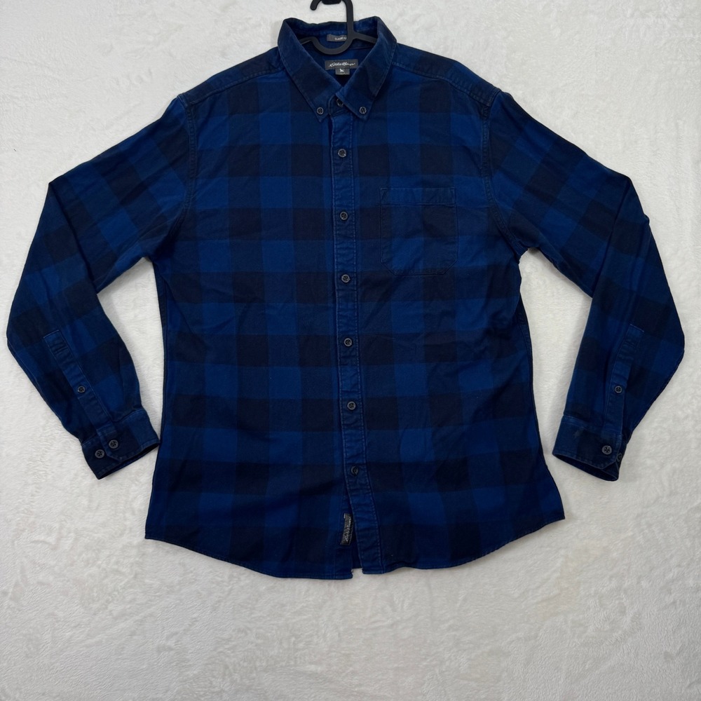 Eddie Bauer Button Down Mens L Blue Buffalo Plaid Classic Cotton Flannel Shirt